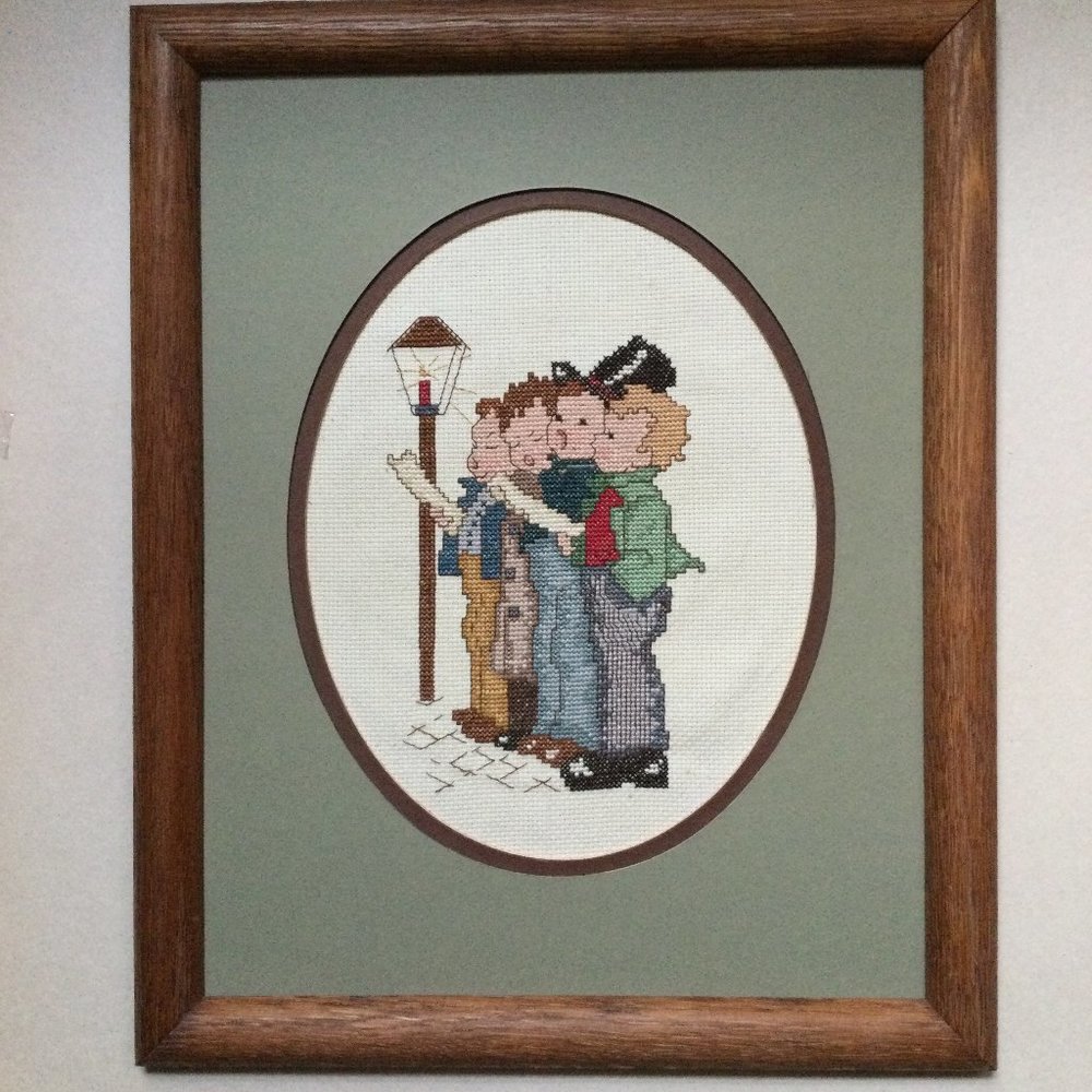 Cross stitch picture wooden frame children singing